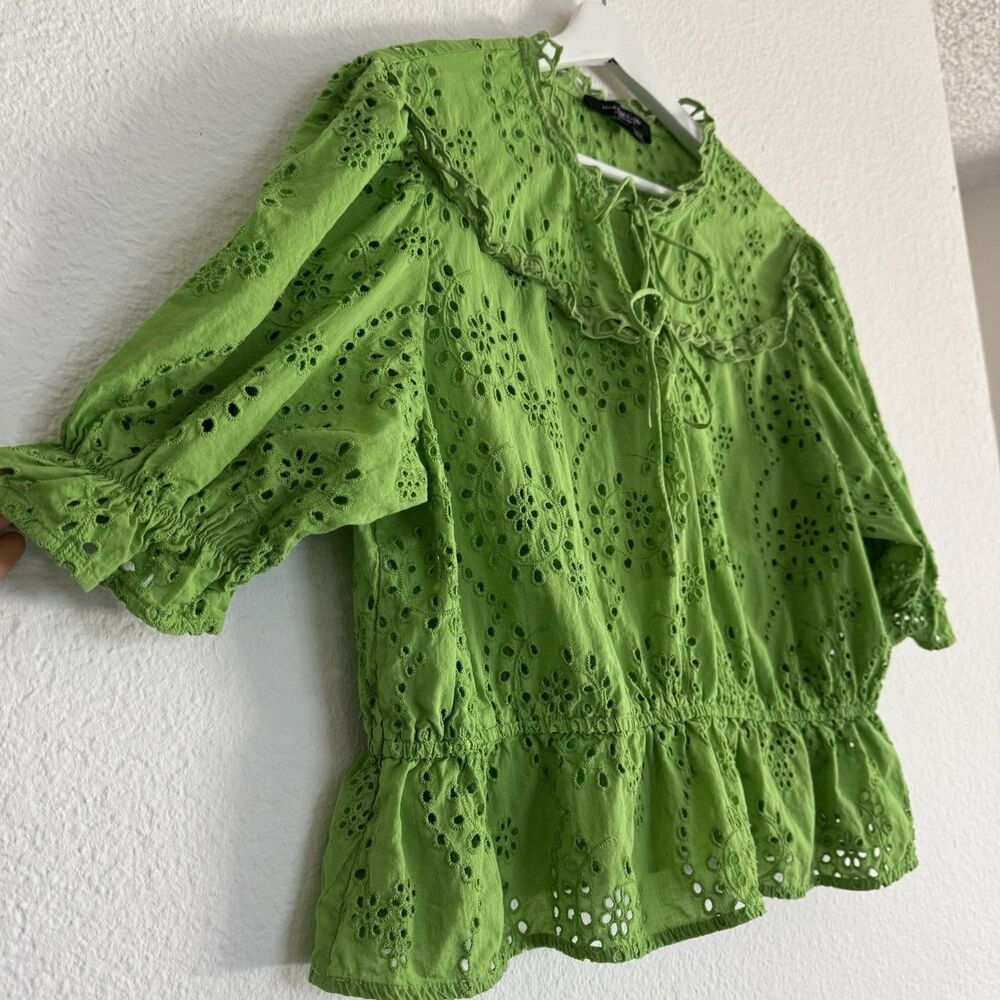 Marc New York 100% Cotton Sz XL Eyelet Boho Fairycore Romantic Blouse Lime Green
